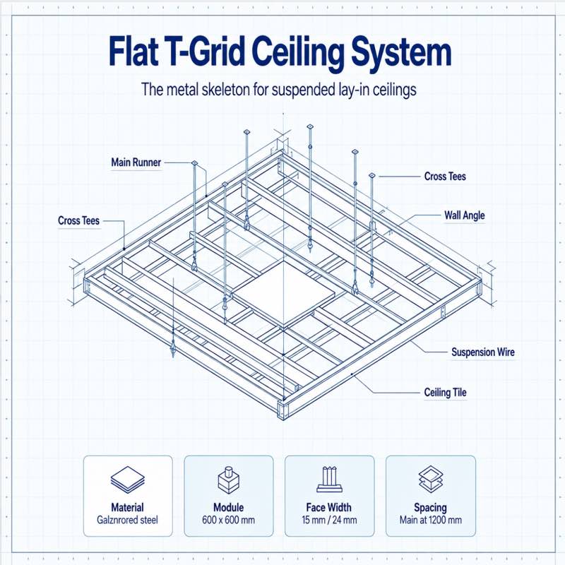 Flat T Grid ceiling system structure diagram
